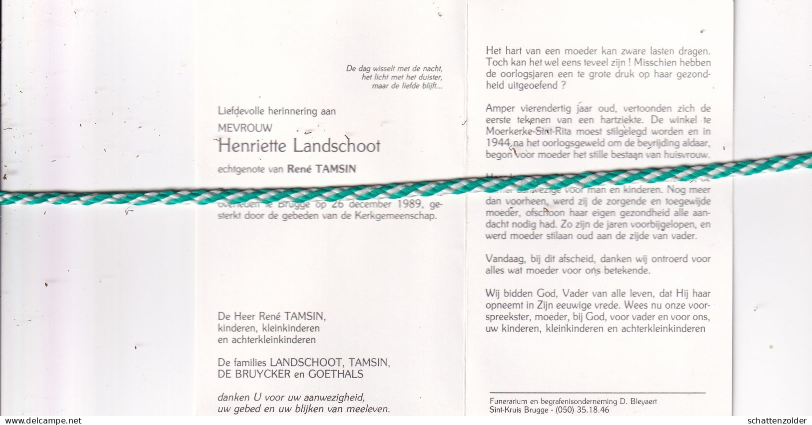 Henriette Landschoot-Tamsin, Moerkerke 1909, Brugge 1989 - Obituary Notices