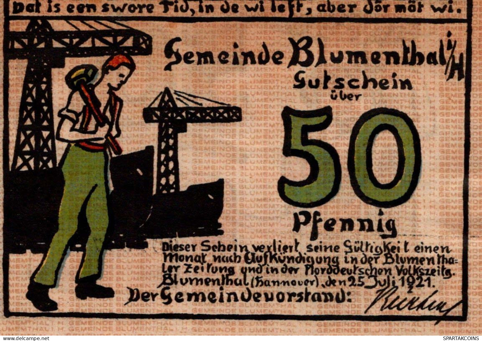 50 PFENNIG 1921 Stadt BLUMENTHAL IN HANNOVER Hanover DEUTSCHLAND Notgeld #PF822 - [11] Emissions Locales
