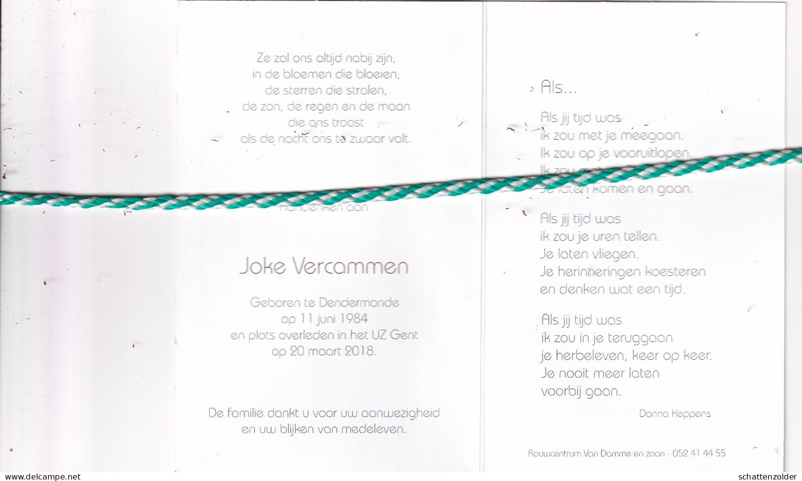 Joke Vercammen, Dendermonde 1984, Gent 2018. Foto - Obituary Notices