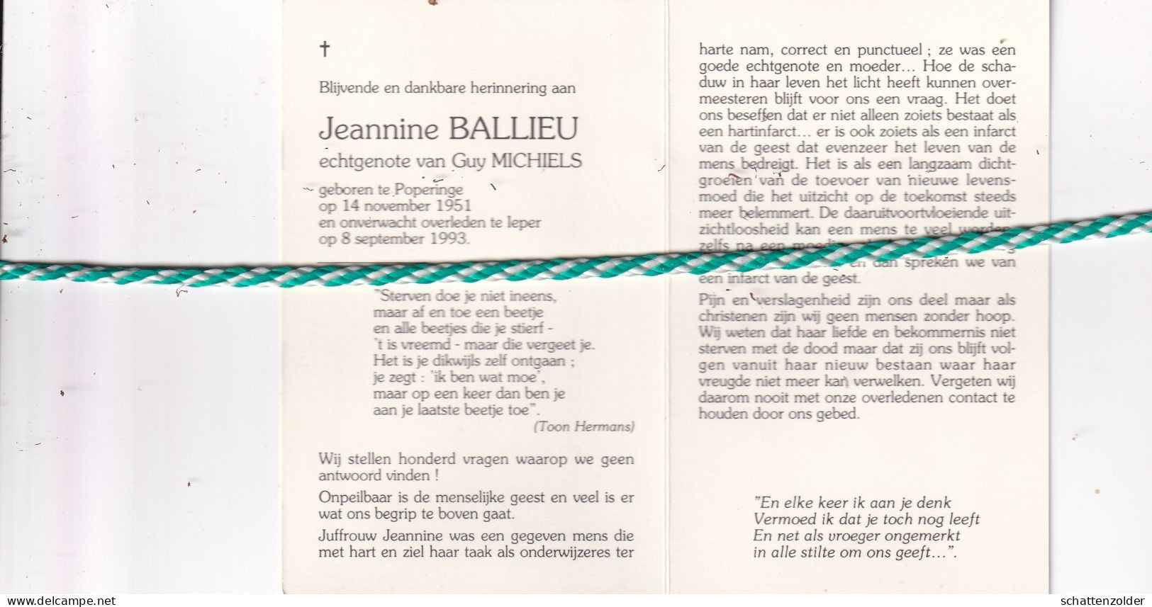 Jeannine Ballieu-Michiels, Poperinge 1951, Ieper 1993. Foto - Décès