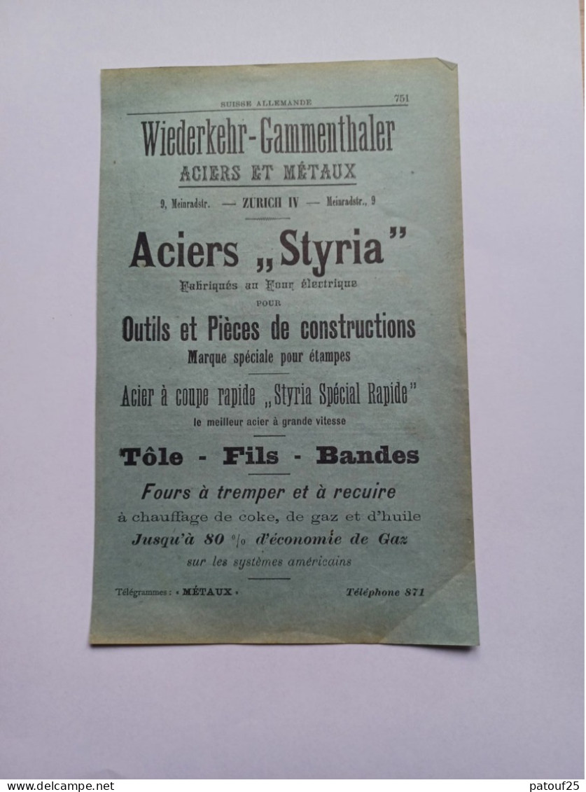 Ancienne Publicité Horlogerie WIEDERKEHR-GAMMENTHALER ZURICH SUISSE 1914 - Suiza
