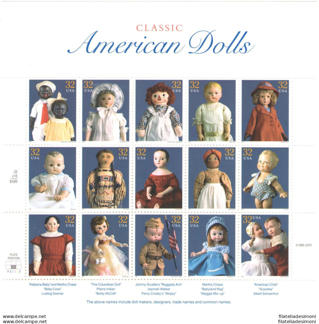 1997 Stati Uniti , Bambole Americane - Minifoglio Di 15 Esemplari MNH** N. 2979/93 - Altri & Non Classificati