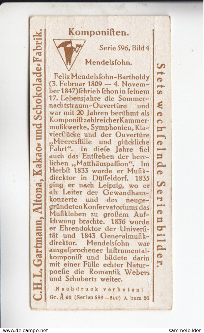 Gartmann  Komponisten Felix Mendelssohn - Bartholdy    Serie 596 #4 Von 1924 - Sonstige & Ohne Zuordnung