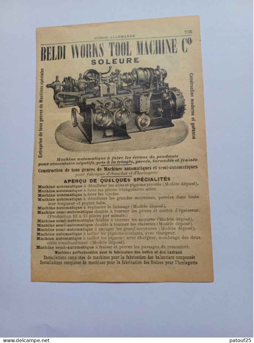 Ancienne Publicité Horlogerie BELDI WORKS TOOL MACHINE SOLEURE SUISSE 1914 - Zwitserland