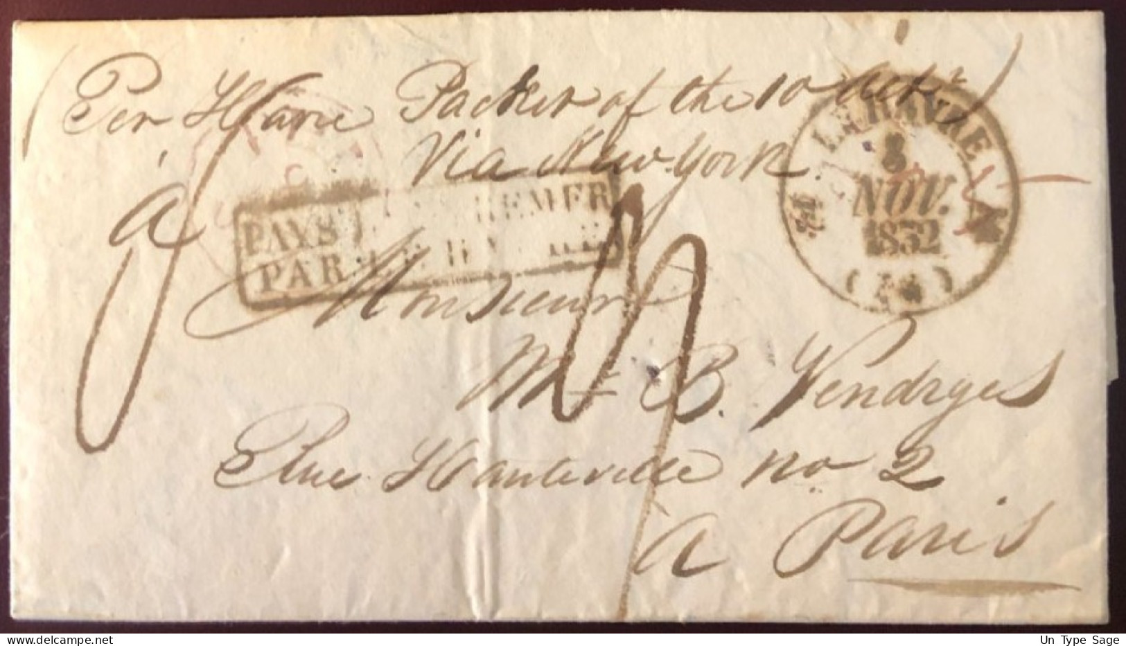 Etats-Unis, Lettre De Philadelphie 8.10.1832 Pour Paris - Griffe PAYS D'OUTREMER PAR LE HAVRE - (B1400) - Marcofilia
