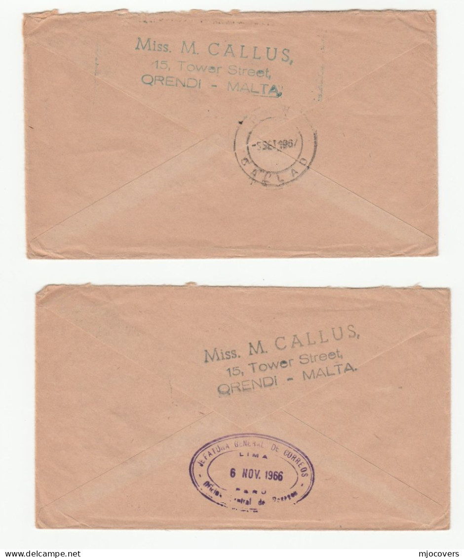 1960s 2 Cover MALTA  To PERU Post Markings  RETURNED TO SENDER  Undelivered Stamps - Malta