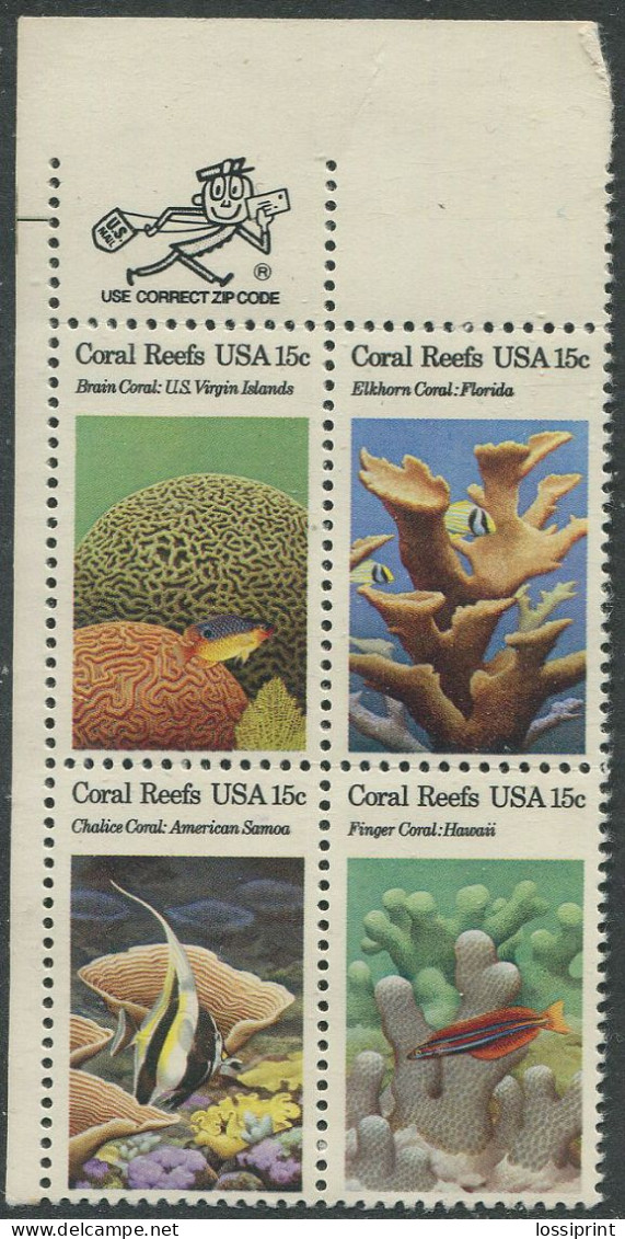 United States:USA:Unused Stamps Serie Coral Reefs, 1980, MNH, Corner - Marine Life