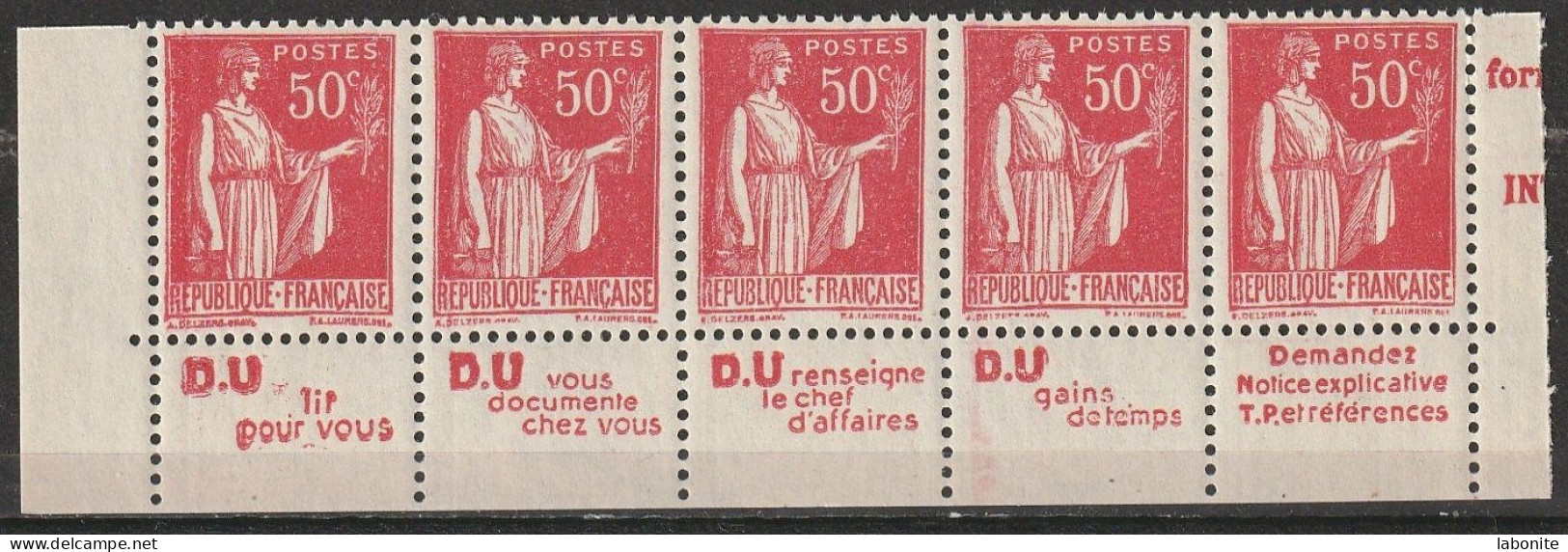 Publicité - YT 283c Paix 50c Type IIA - Bande De 5 " D.U. " Inférieure Texte Complet BdF (Maury : BP 207b) Neuf** - Unused Stamps