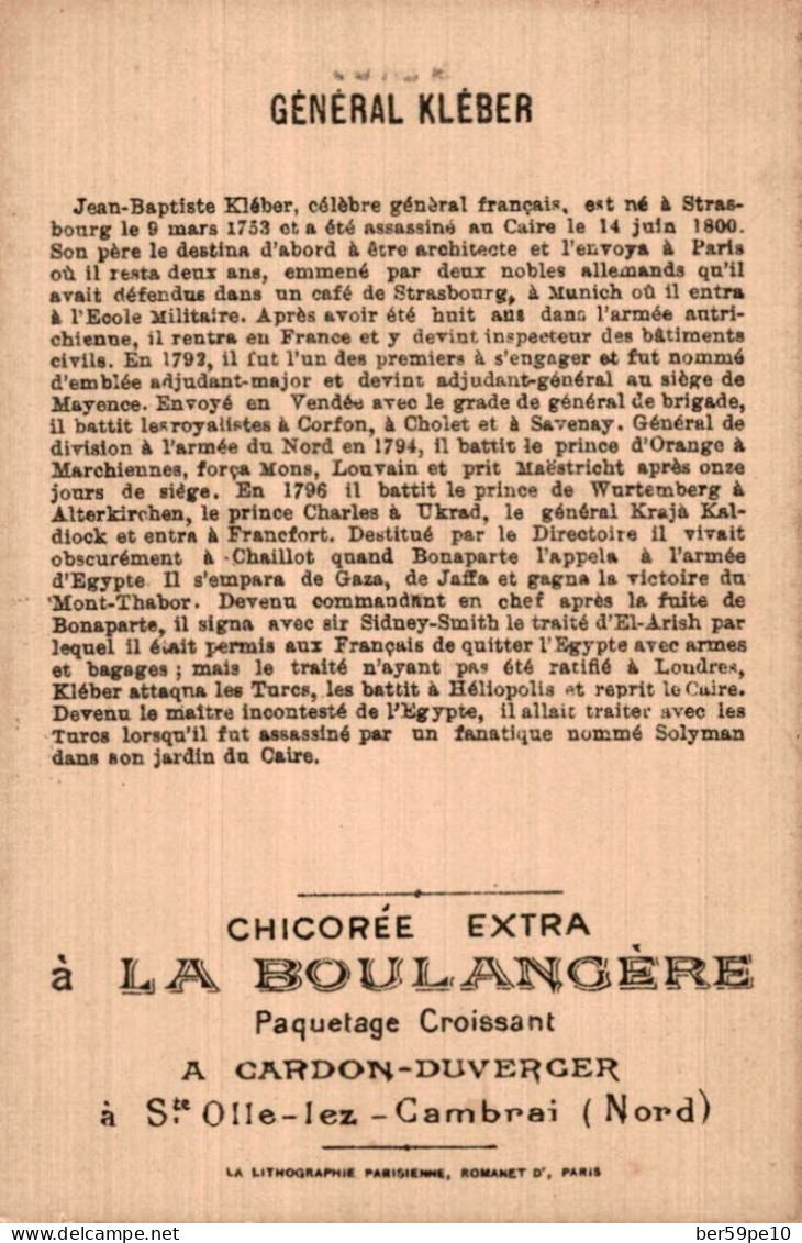 CHROMO CHICOREE EXTRA A LA BOULANGERE CARDON DUVERGER CAMBRAI GENERAL KLEBER - Tè & Caffè