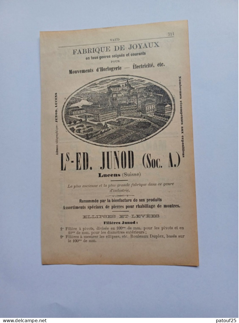 Ancienne Publicité Horlogerie LS-ED.JUNOD LUCENS SUISSE 1914 - Suisse