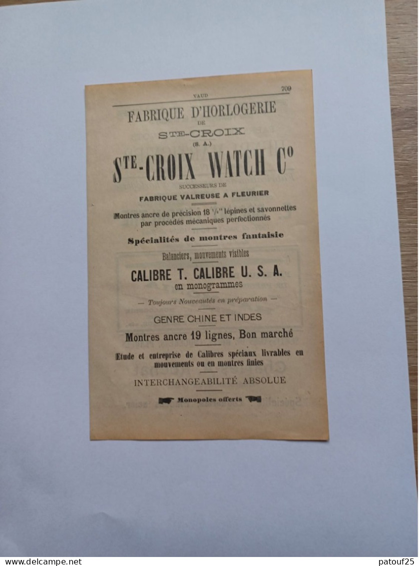 Ancienne Publicité Horlogerie STE CROIX WATCH CO SUISSE 1914 - Switzerland