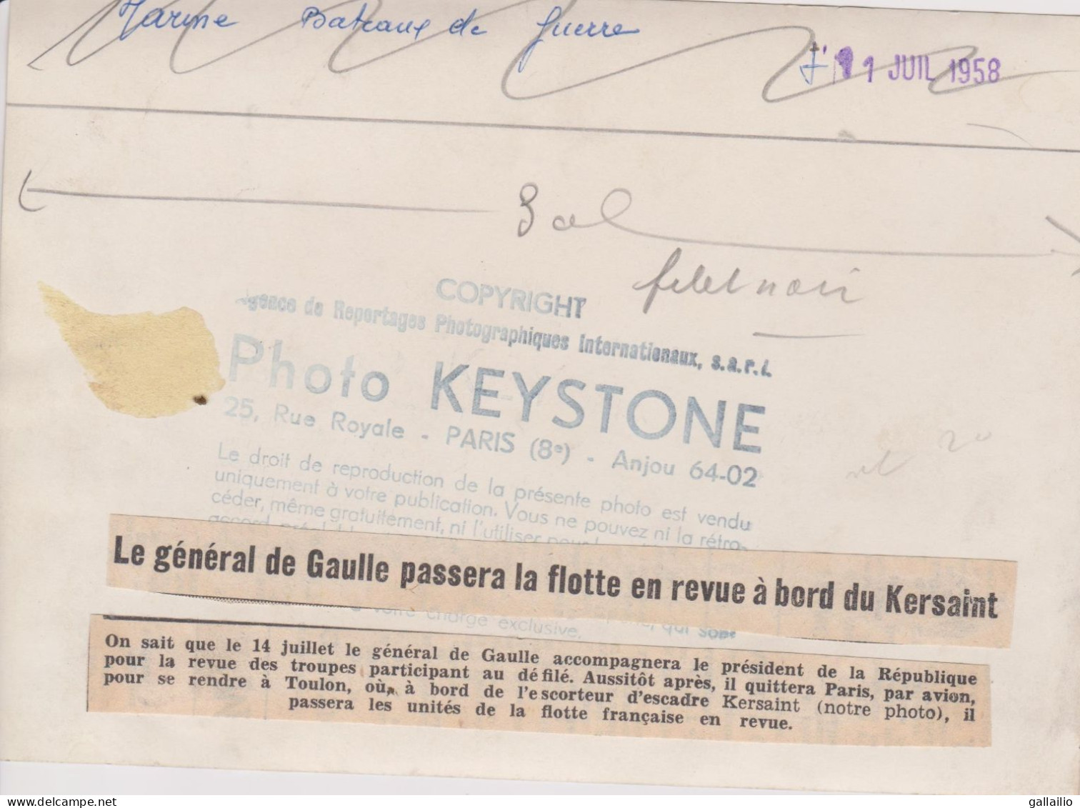 PHOTO PRESSE L'ESCORTEUR KERSAINT JUILLET 1958 PHOTO KEYSTONE FORMAT 13 X 18 CMS - Barche