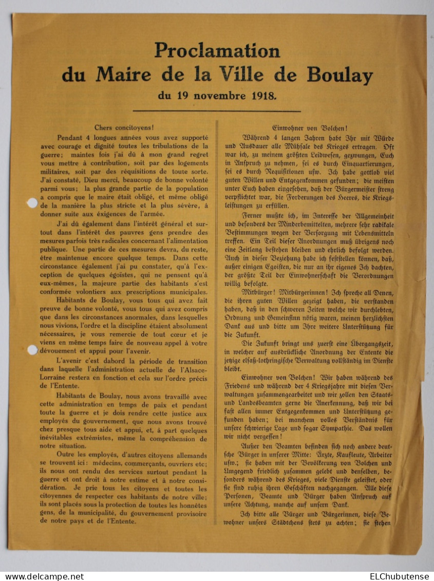 Lot documents Mairie Boulay - Administration Cercle - Proclamation République - Moselle novembre 1918