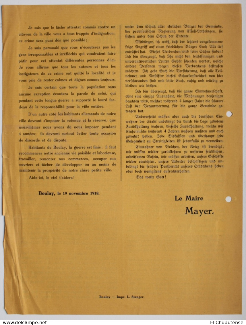 Lot documents Mairie Boulay - Administration Cercle - Proclamation République - Moselle novembre 1918