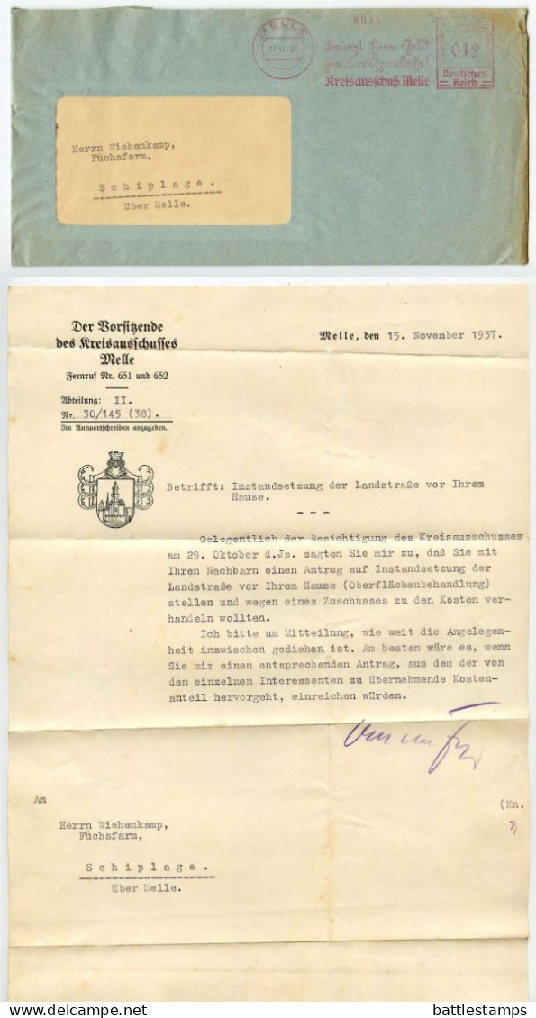 Germany 1937 Cover & Letters; Melle - Der Vorsitzende Des Kreisausschusses Melle; 12pf. Meter With Slogan - Maschinenstempel (EMA)