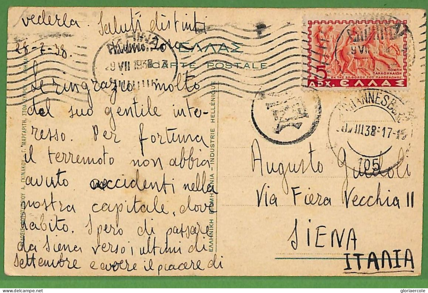 Ad0894 - GREECE - Postal History -  POSTCARD To ITALY 1938 - Brieven En Documenten