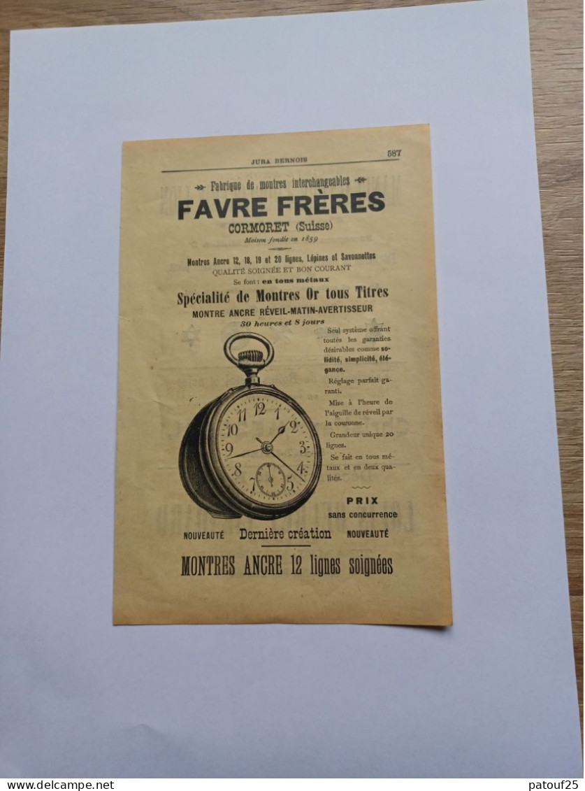 Ancienne Publicité Horlogerie FAVRE FRERES CORMORET SUISSE 1914 - Switzerland