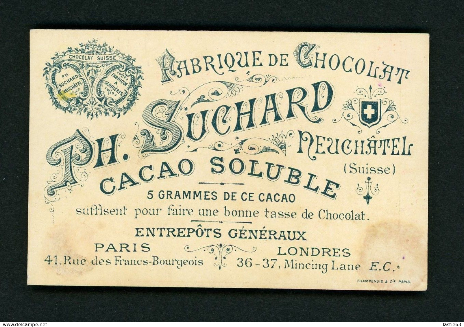 Chromo Suchard   Champenois  Fillette Emène Un Carré De Chocolat Sur La Barque  Bord Doré  10 X 6,5 Cm - Suchard