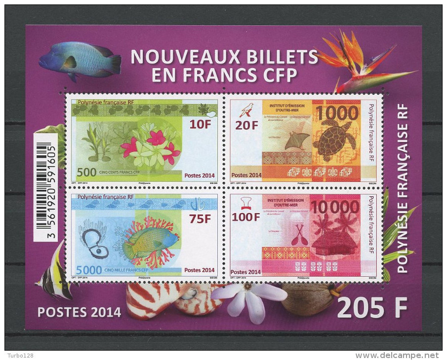 POLYNESIE 2014  Bloc N° 40 **  Neuf MNH Superbe Numismatique Billets Faune Flore Tortues Coquillages Poissons Fishes - Blokken & Velletjes