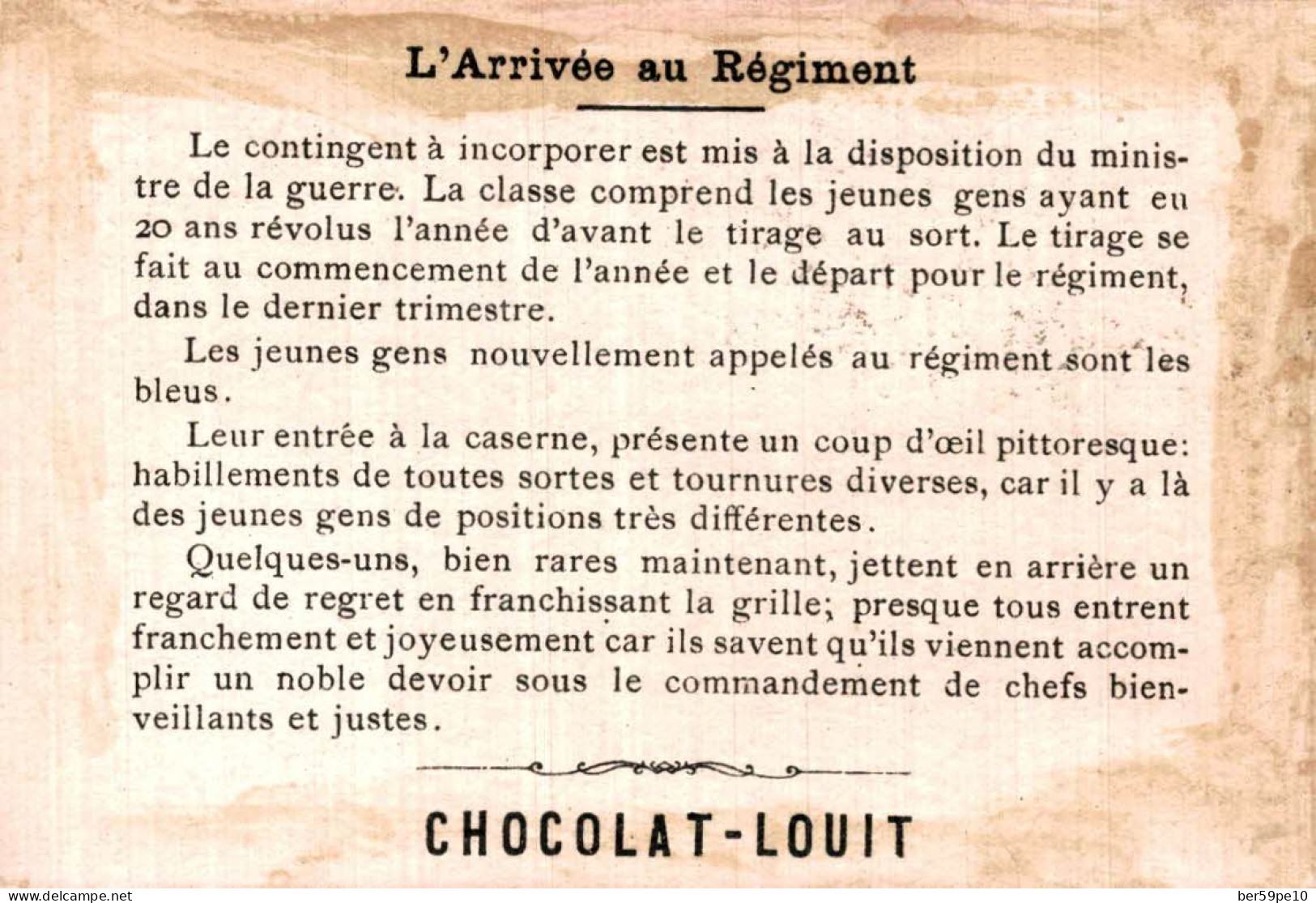 CHROMO CHOCOLAT LOUIT N°2 L'ARRIVEE AU REGIMENT - Louit