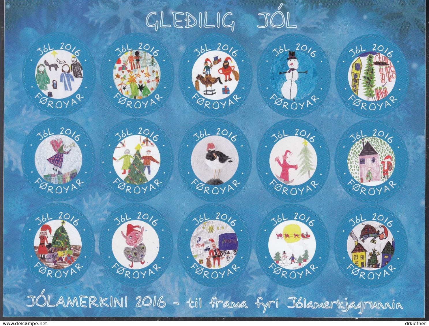 FÄRÖER  2016, JÓL CHRISTMAS KERSTMIS NOEL WEIHNACHTEN, 15 Vignetten, Ungebraucht, MNH **, Kinderzeichnungen - Färöer Inseln