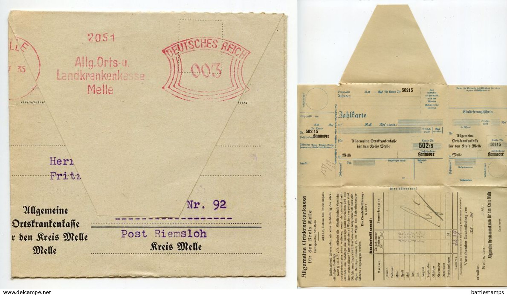 Germany 1935 Folded Zahlkarte; Melle - Allgemeine Ortskrankenkasse Für Den Kreis Melle; 3pf. Meter With Slogan - Franking Machines (EMA)