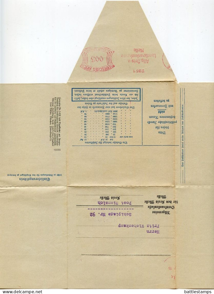 Germany 1935 Folded Zahlkarte; Melle - Allgemeine Ortskrankenkasse Für Den Kreis Melle; 3pf. Meter With Slogan - Maschinenstempel (EMA)