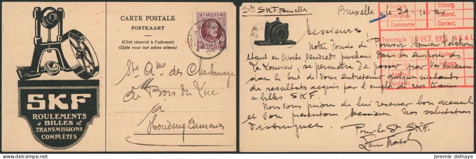Houyoux - N°195 Sur Imprimé (Roulement, Transmissions SKF) Expédié De Bruxelles > Houdeng-Aimeries - 1922-1927 Houyoux