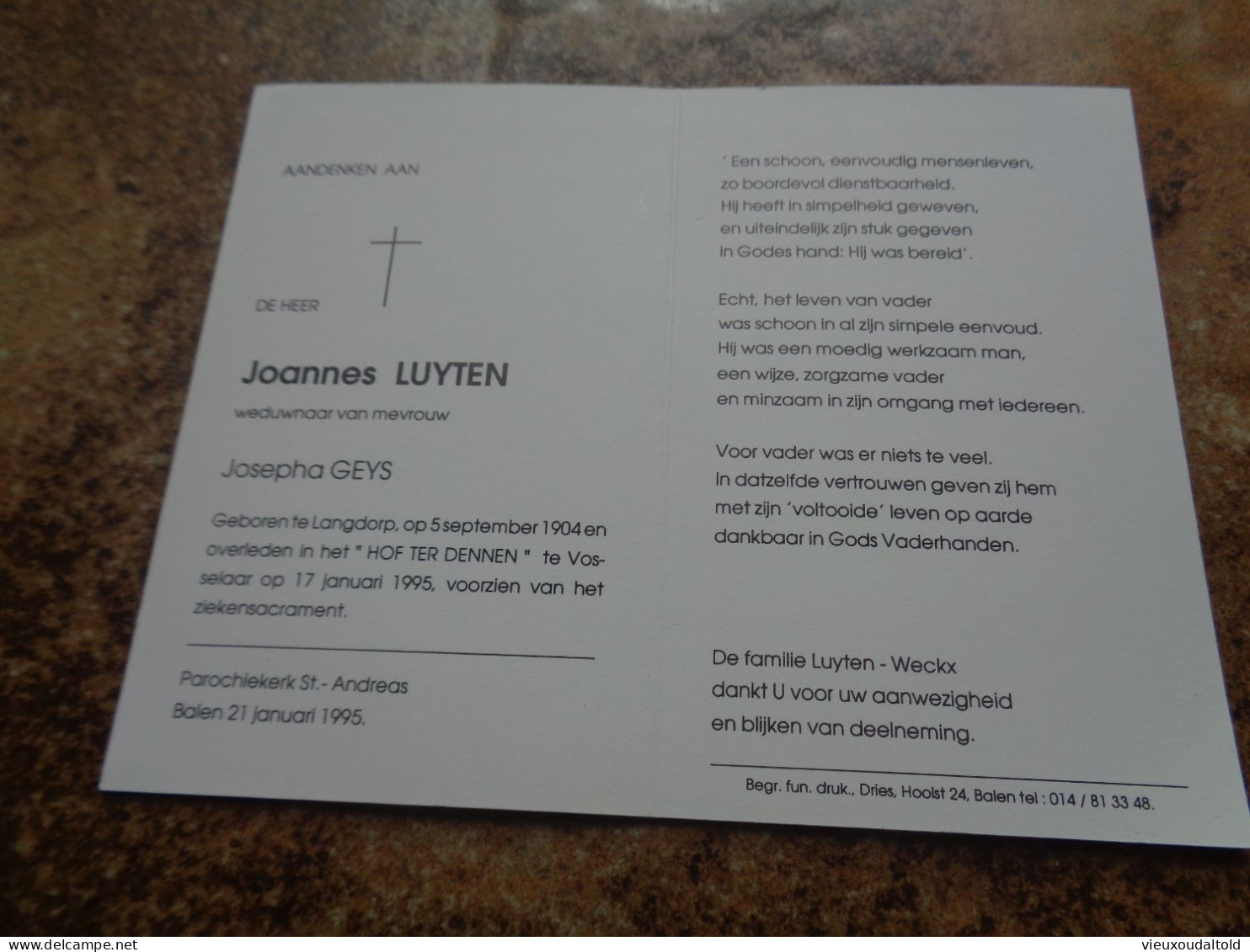 Doodsprentje/Bidprentje   Joannes LUYTEN   Langdorp 1904-1995 Vosselaar  (Wdr Josepha GEYS) - Godsdienst & Esoterisme
