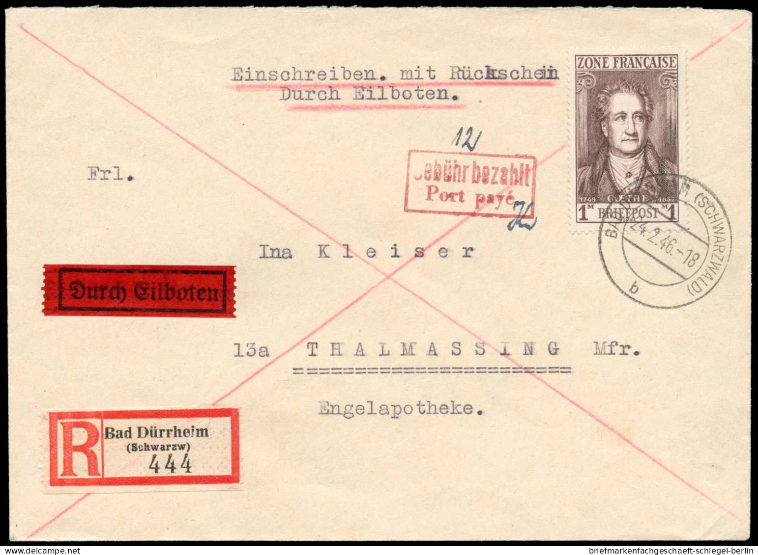 Französische Zone Allgemeine Ausgabe, 1946, 11 + Bar, Brief - Otros & Sin Clasificación