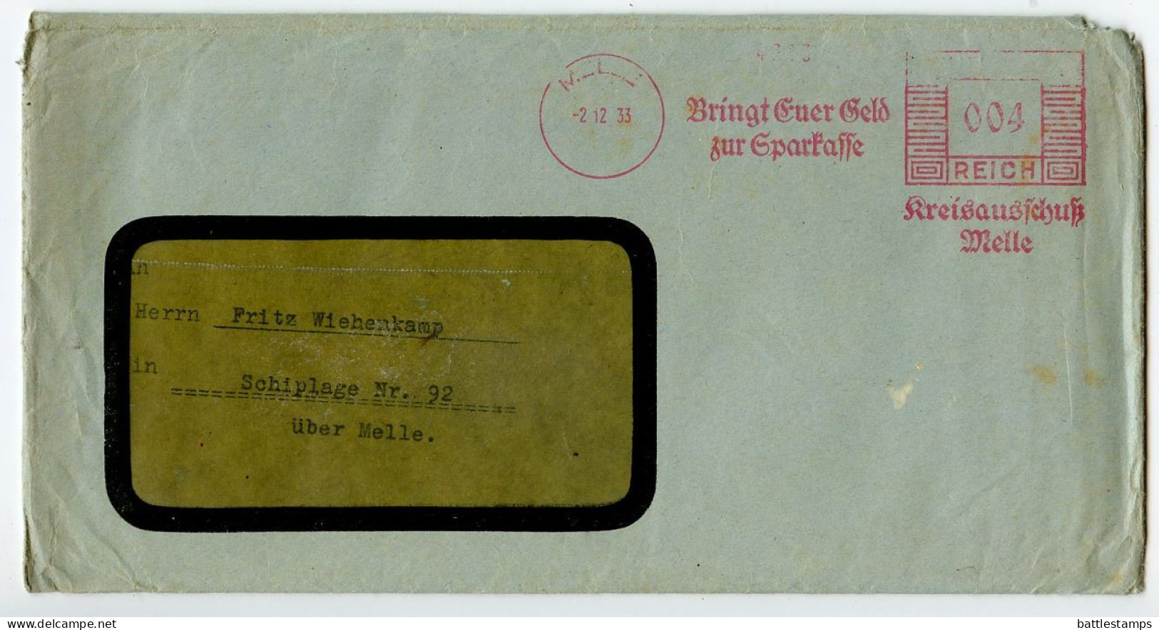 Germany 1933 Cover & Letters; Melle - Kreisausschuß Melle; 4pf. Meter With Slogan - Máquinas Franqueo (EMA)