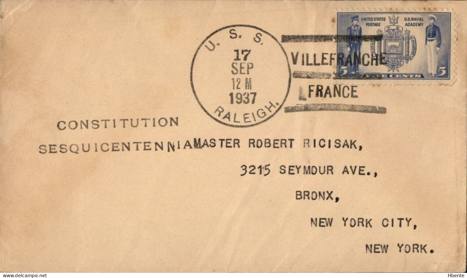 Villefranche Sur Mer To New York USS Raleigh 17 09 1937 6ème Flotte Postmark Sixth Fleet - Marcophilie