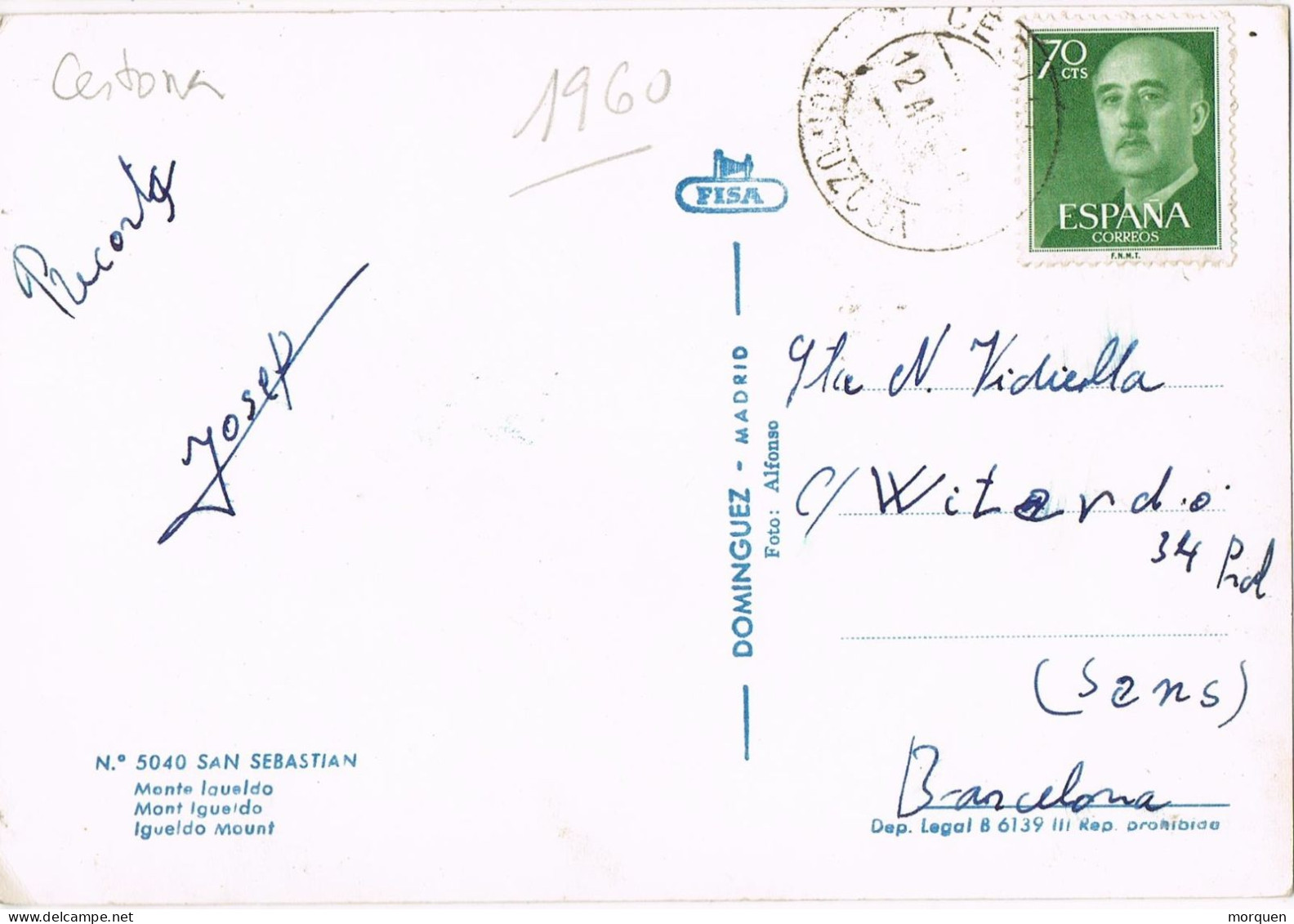 55019. Postal CESTONA (Guipuzcoa) 1960. Vista Monte Igueldo De San Sebastian - Brieven En Documenten