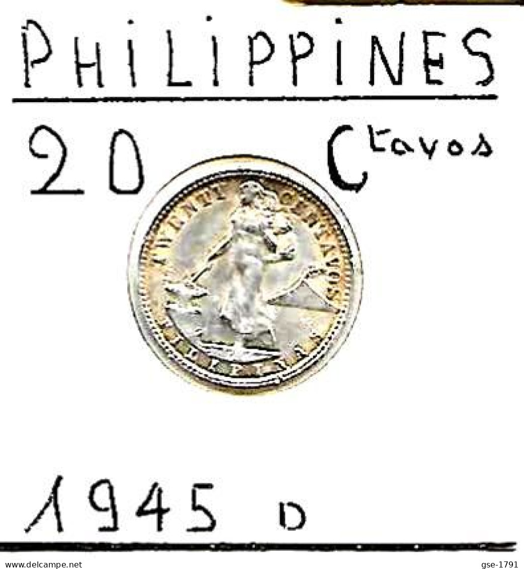 PHILIPPINES Commonwealth  20 Centavos  Femme KM 182   , 1945d   Ag.0.750  TTB - Filippijnen