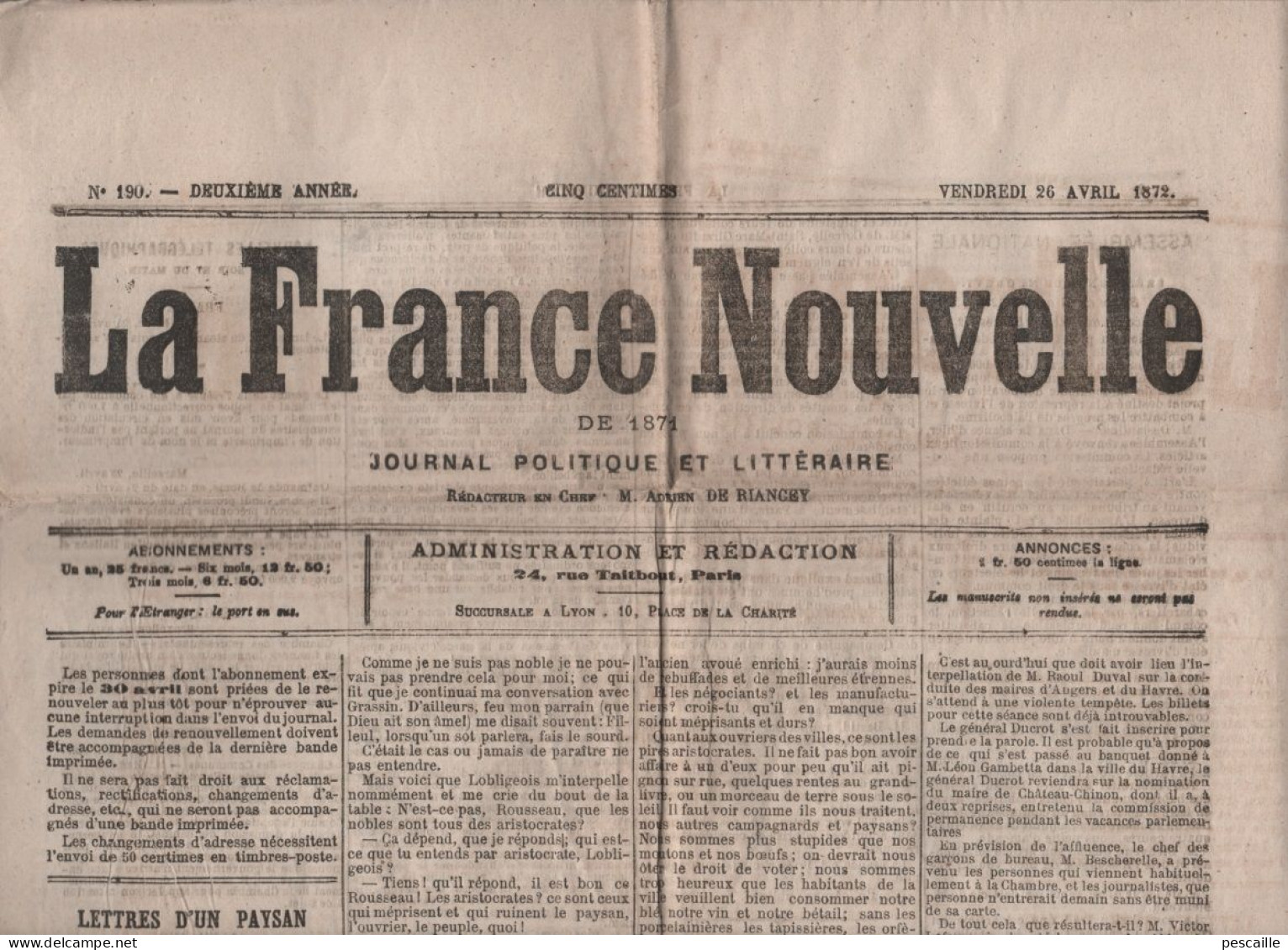 LA FRANCE NOUVELLE 26 04 1872 - VERSAILLES THIERS GAMBETTA - ALCOOLISME & CABARETIERS - PRUD'HOMMES CHEMINS DE FER - - 1850 - 1899