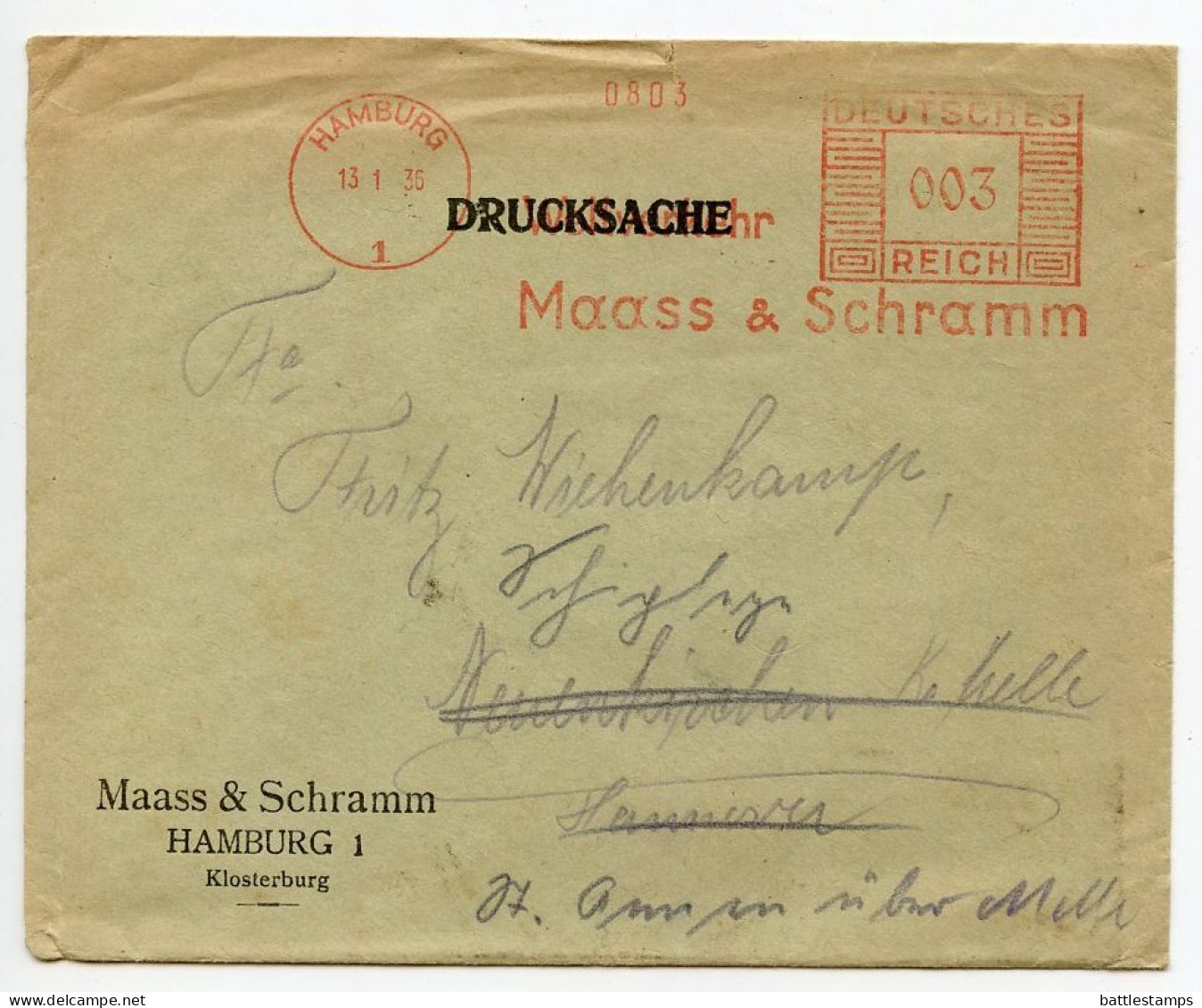 Germany 1936 Cover & Letter; Hamburg - Maass & Schramm; 3pf. Meter With Slogan - Máquinas Franqueo (EMA)