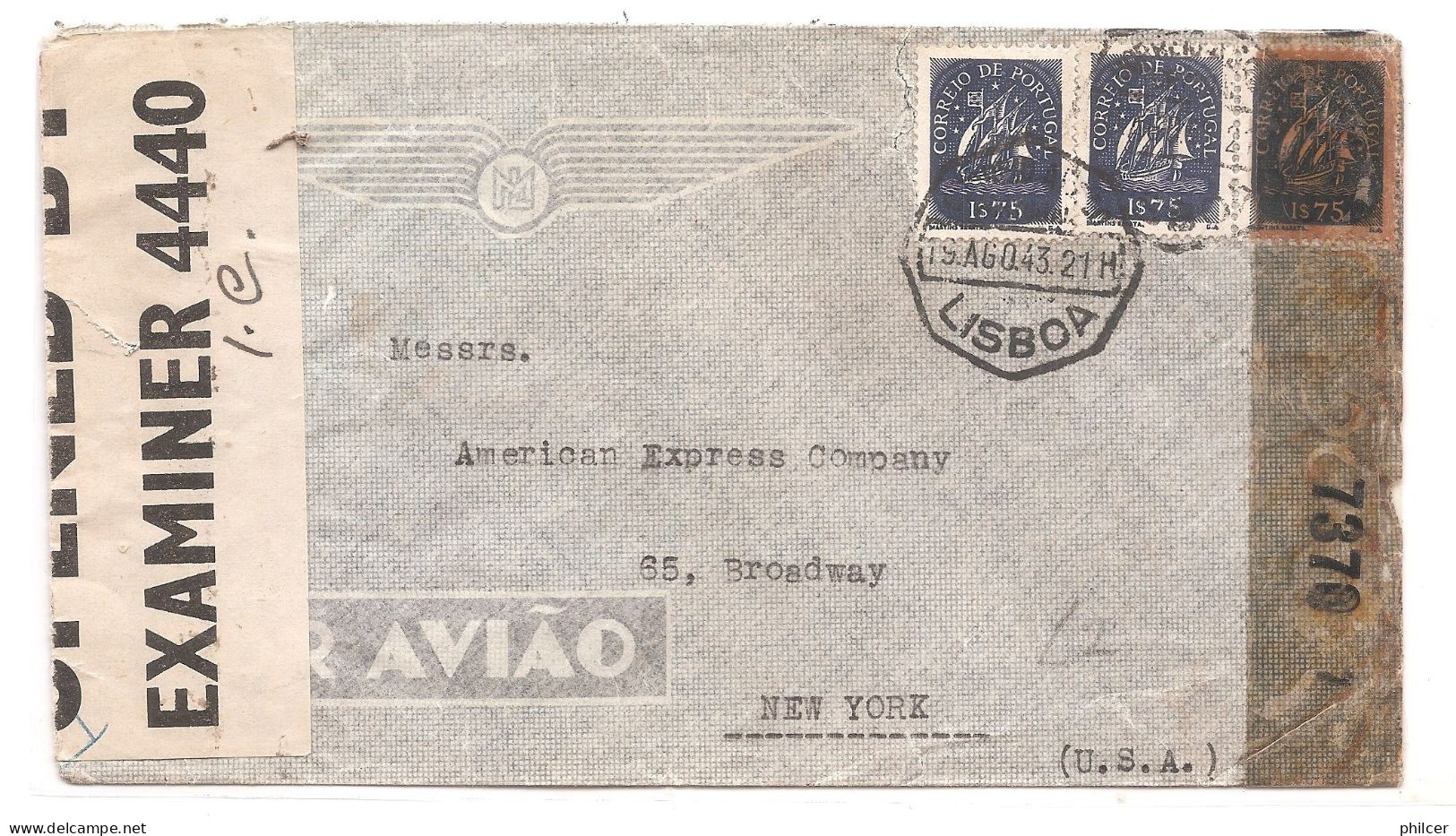 Portugal, 1943, # 625, Lisboa-New York, Censura - Lettres & Documents