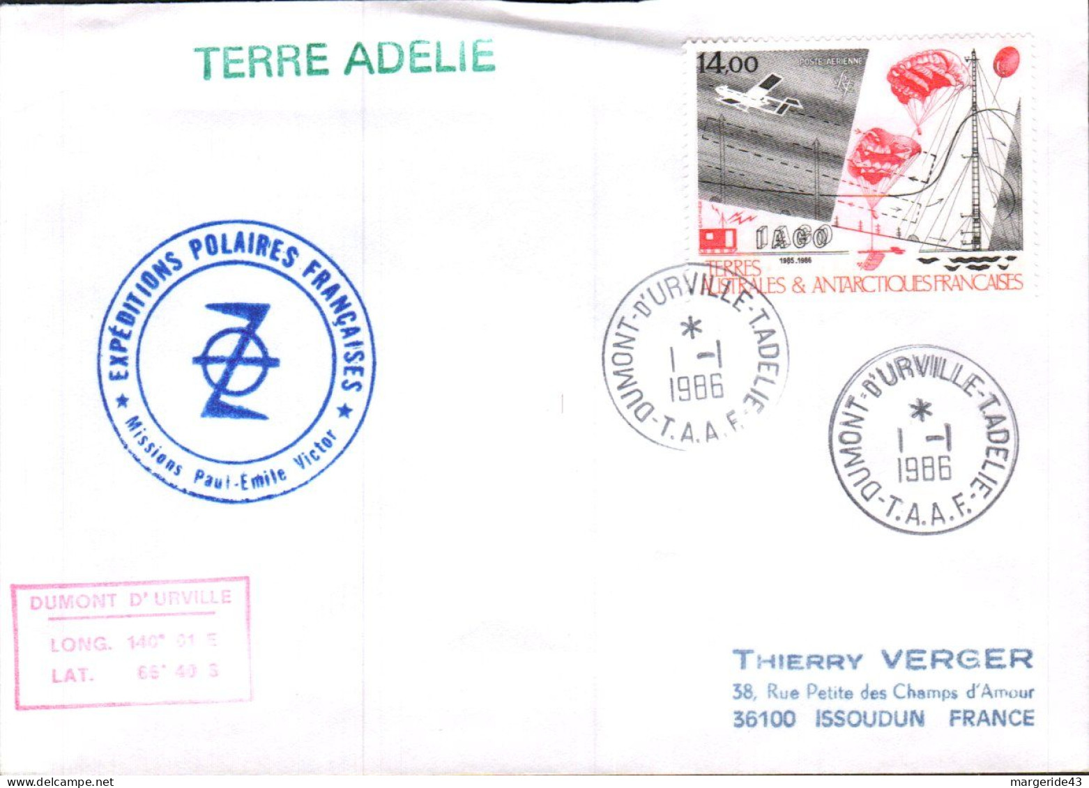 TAAF LETTRE DE DUMONT D'URVILLE 1986 - Covers & Documents