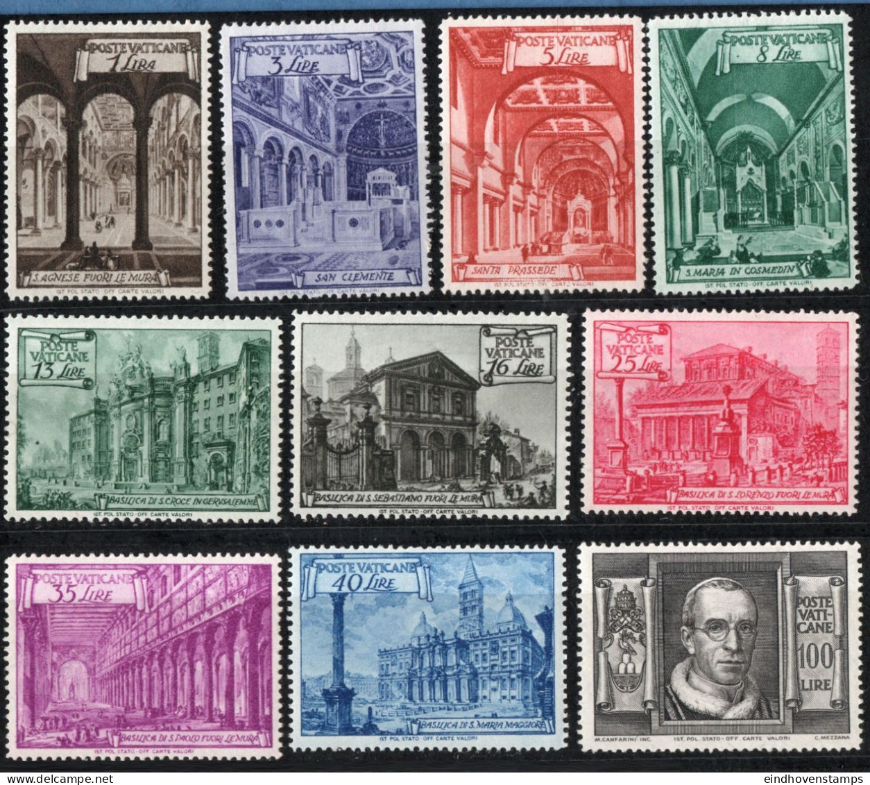 Vatican 1949 Basilica Series Without Espresso Stamps 10 Values MNH St Peter, San Giovanni, Pope Pius XII, S. Paolo, - Ongebruikt