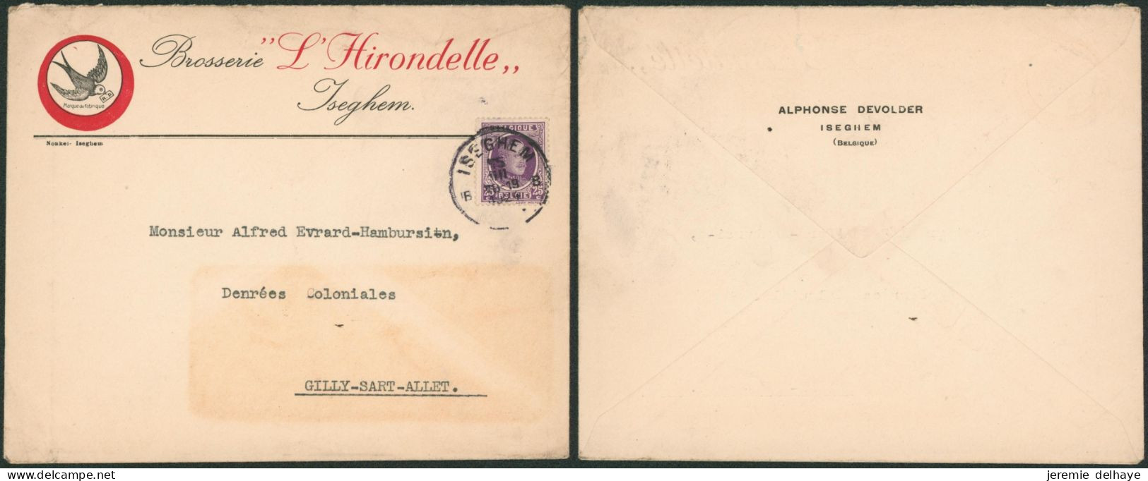 Houyoux - N°198 Sur Lettre à En-tête "Brosserie L'hirondelle" (Iseghem) > Gilly - 1922-1927 Houyoux