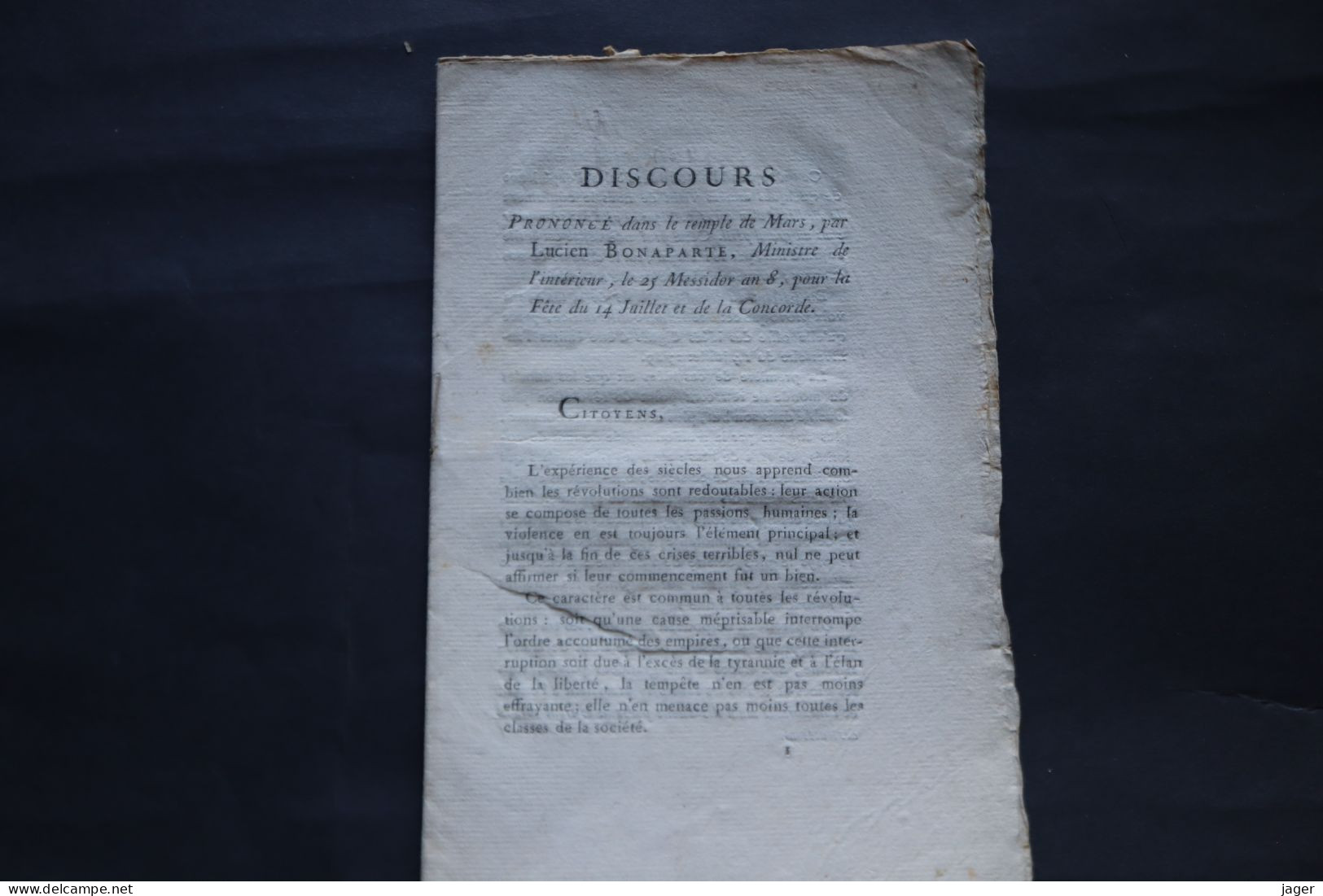 Discours De Lucien Bonaparte AN 8 14 Juillet Et De La Concorde - Historische Dokumente