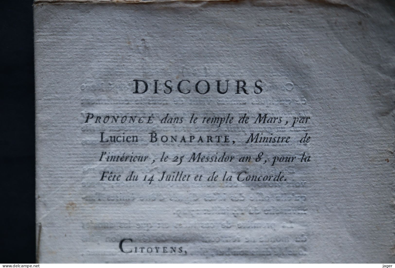 Discours De Lucien Bonaparte AN 8 14 Juillet Et De La Concorde - Historische Dokumente