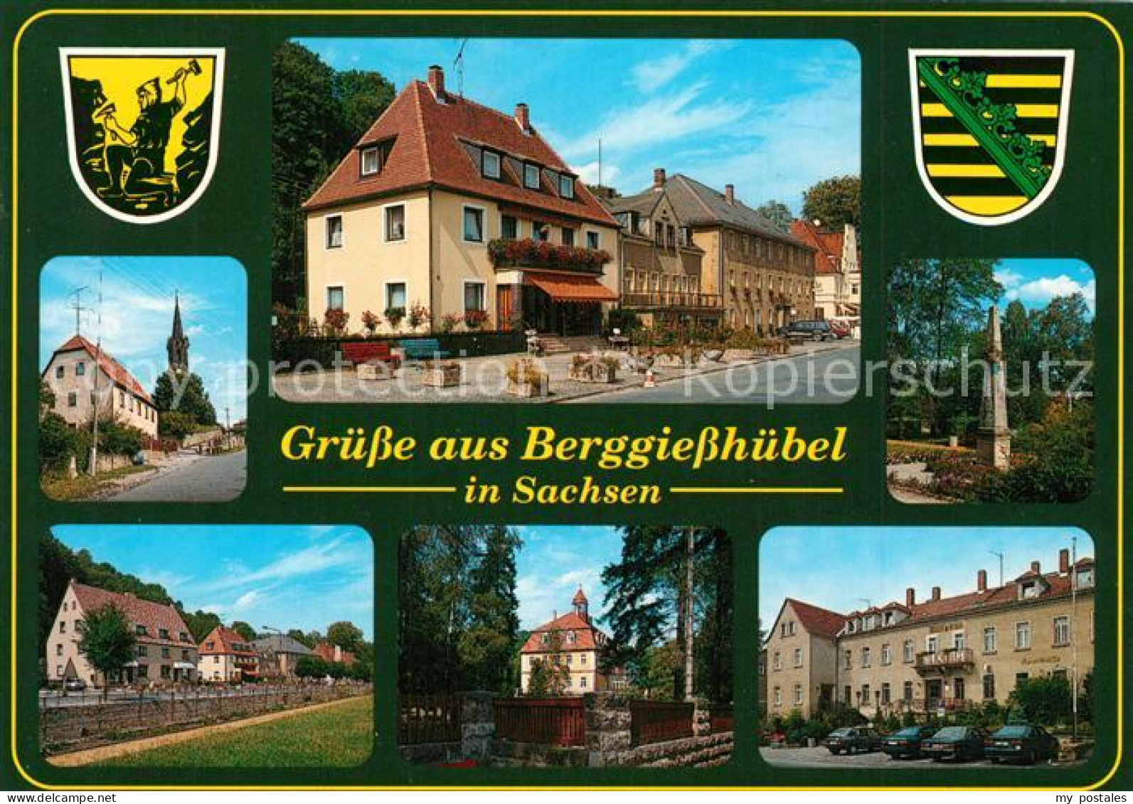 73268961 Berggiesshuebel Ortsmotive Kirche Postmeilensaeule Wappen Berggiesshueb - Bad Gottleuba-Berggiesshuebel