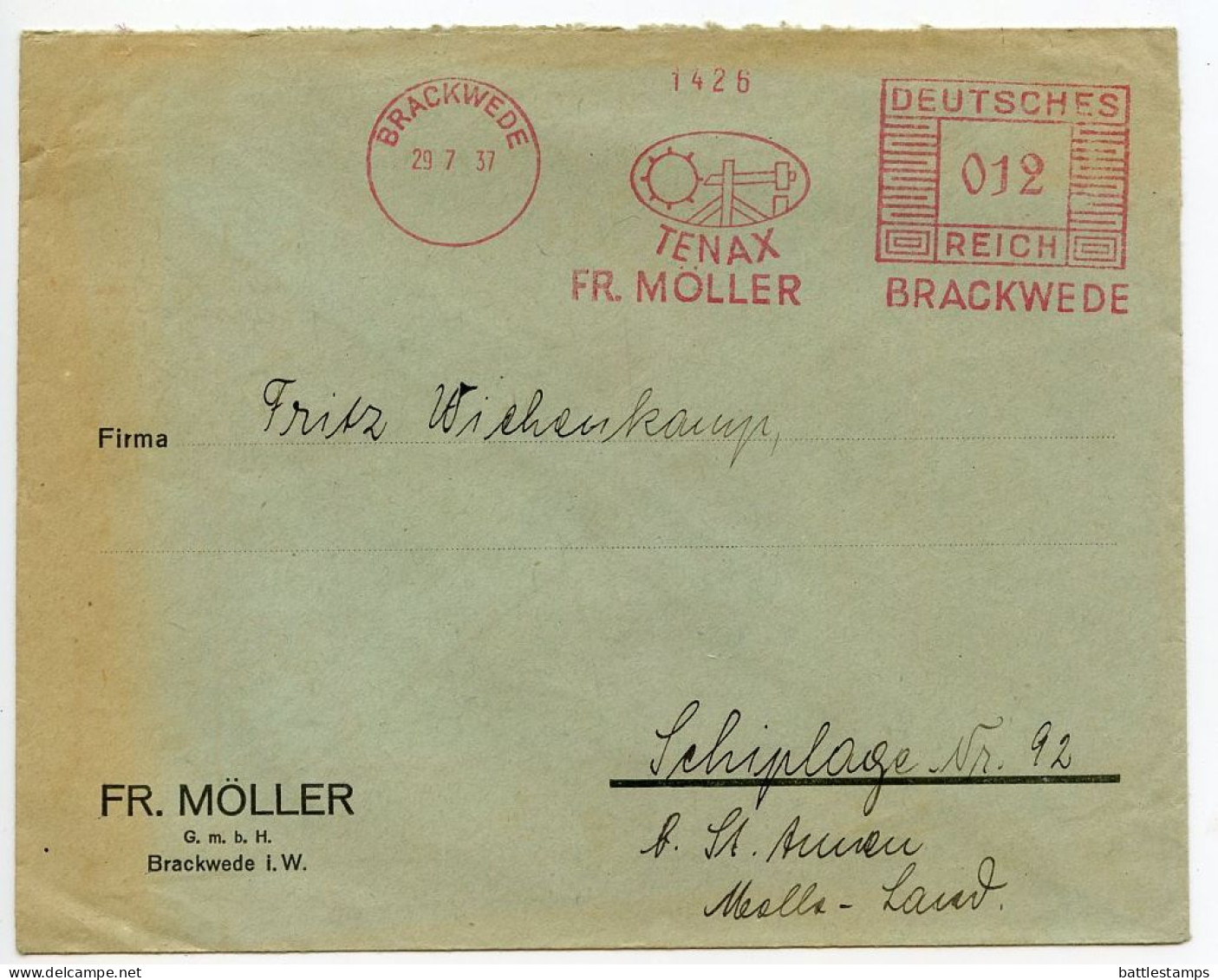 Germany 1937 Cover; Brackwede - Fr. Möller To Schiplage;12pf. Meter With Slogan - Tenax - Máquinas Franqueo (EMA)