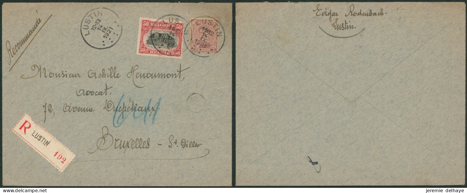 Albert I - N°140 Et 144 Sur Lettre En Recommandé De Lustin (1921) > Bruxelles - 1915-1920 Albert I
