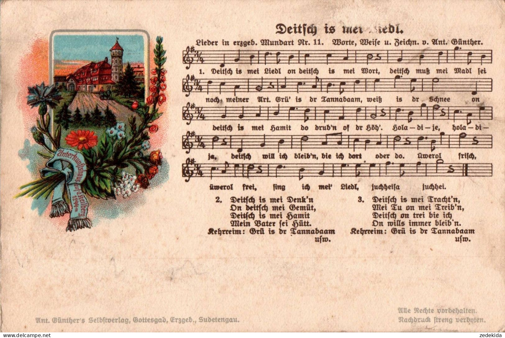 5203 - Litho Anton Günther Liedkarte - Deitsch Is Mei Liedl .... Böhmen Erzgebirgisches Volkslied - Music