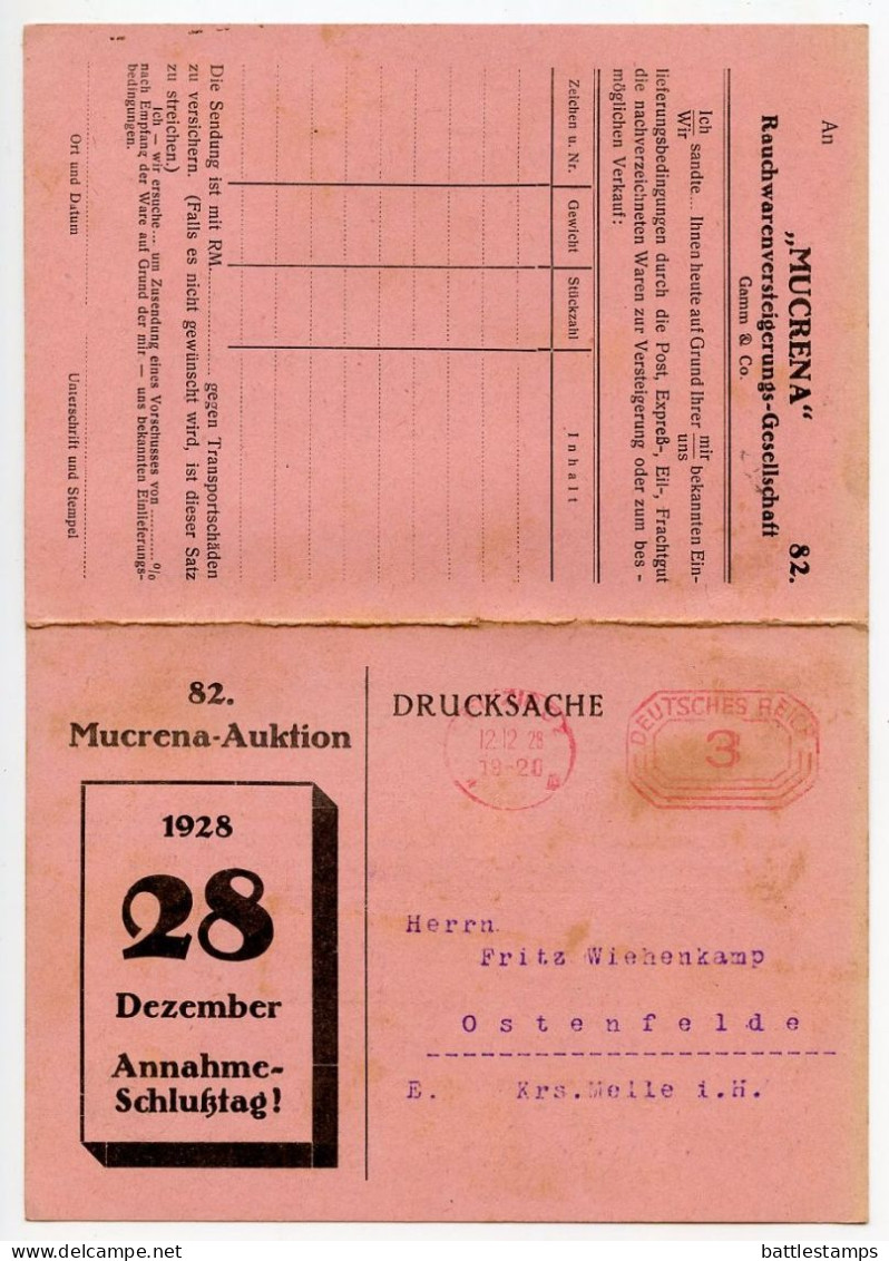 Germany 1928 Postcard W/ Reply Card; Leipzig - Mucrena-Auktion, Rauchwarenversteigerungs; 3pf. Meter - Franking Machines