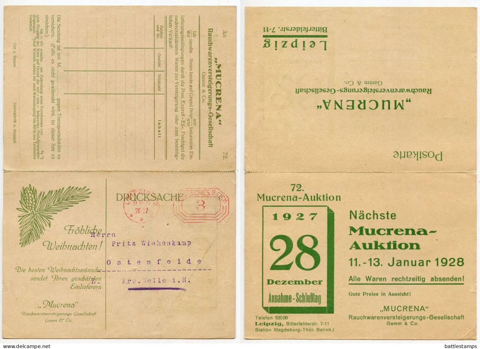 Germany 1927 Postcard W/ Reply Card; Leipzig - Mucrena-Auktion, Rauchwarenversteigerungs; 3pf. Meter - Máquinas Franqueo