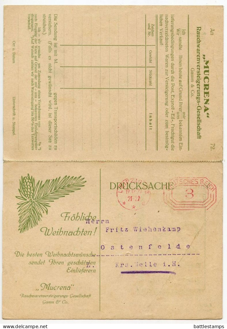 Germany 1927 Postcard W/ Reply Card; Leipzig - Mucrena-Auktion, Rauchwarenversteigerungs; 3pf. Meter - Machines à Affranchir