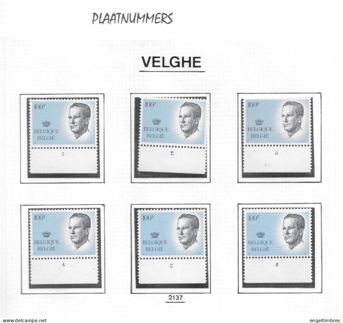 Belgie -  100 Bfrs TYPE VELGHE No Bril - KOMPLET  SET Of 6 PlaatnummerS Perfekt Postfris - 1981-1990